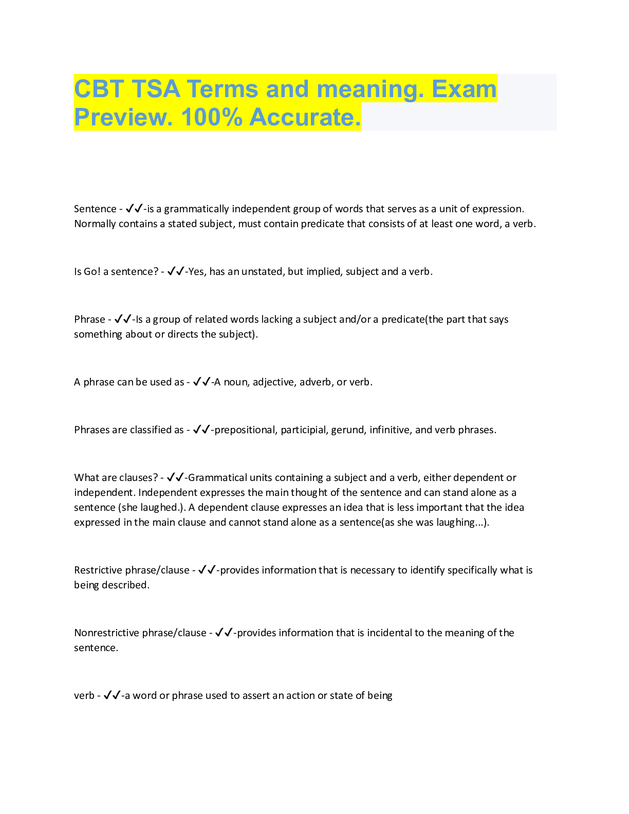 Preview image for CBT TSA Terms and meaning. Exam  Preview. 100% Accurate.